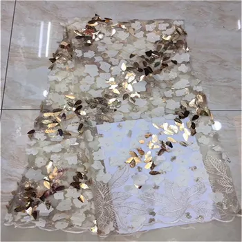 

New French embroidered tulle lace fabric with 3D flowers,African net lace Rose gold sequin lace fabric for party dress.5yards(5