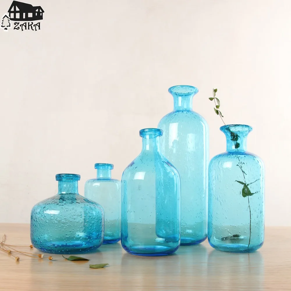 1Pcs New KEYAMA Nordic marine style blue bubble glass vases Hand blown