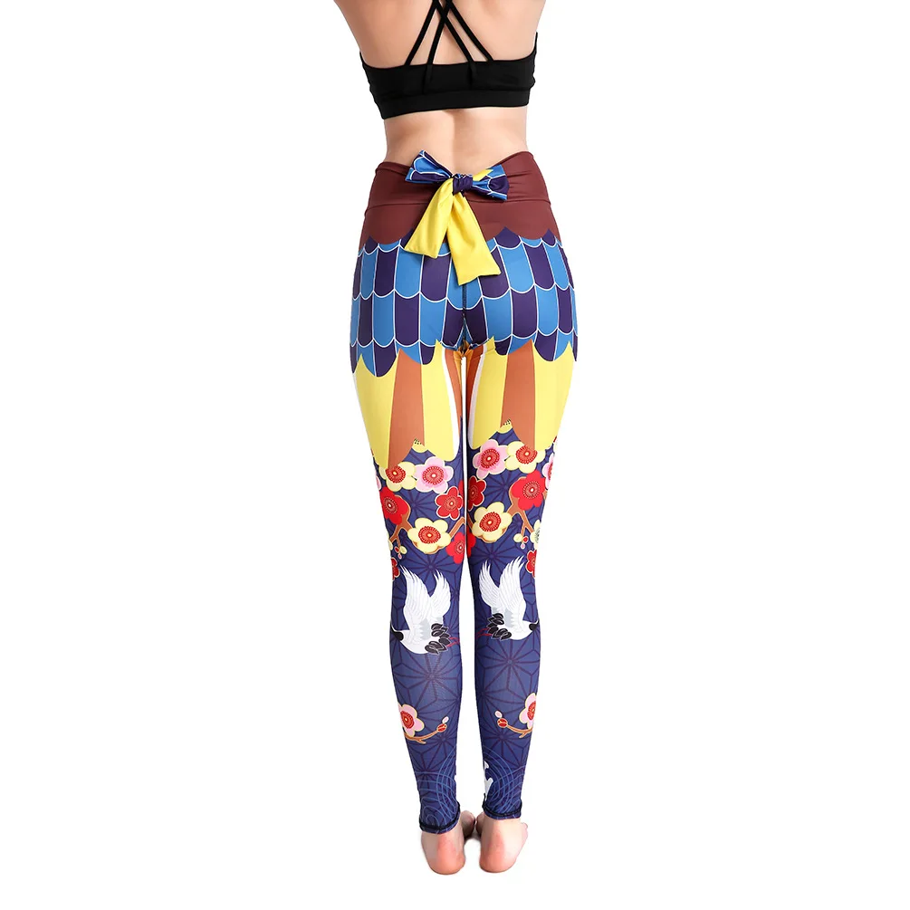 Printed Crane Lady's Yoga Leggings Sports Workout Pants Gym Fitness