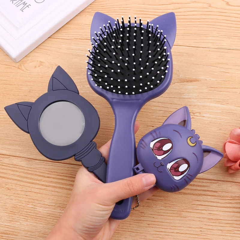 Классический Аниме Сейлор Мун Луна Большой Фиолетовый кот макияж зеркальная ручка гребень для девочек портативный Косплей косметическое зеркало аксессуары