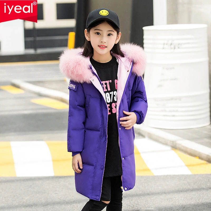 

IYEAL New Fashion Winter Children Girls Removable Fur Hoodie Duck Down Jacket Thick Parkas Kids Long Warm Clothing Coat Outwear