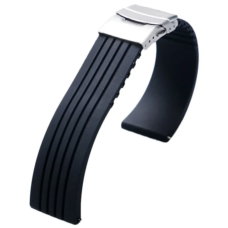 

18/20/22/24MM Fold Over Clasp With Safety Strap Black Wrist Replacement Stripe Watch Band Silicone Watchband