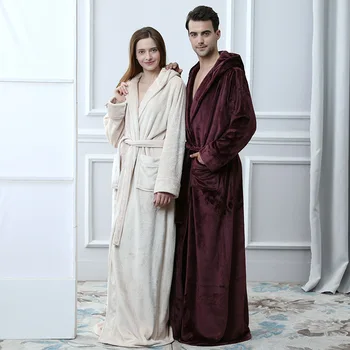 

Lovers Flannel Robe Gown Autumn Winter Warm Kimono Bathrobe Hoodie Nightgown Long Sleeve Sleepwear Sleep Dress Size M L XL