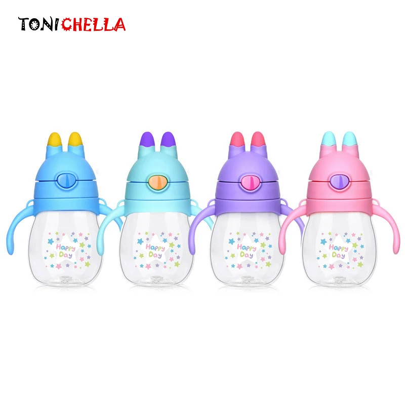 Rabbit Children Straw Cup With Double Handle Flip lid Leak Proof Soft