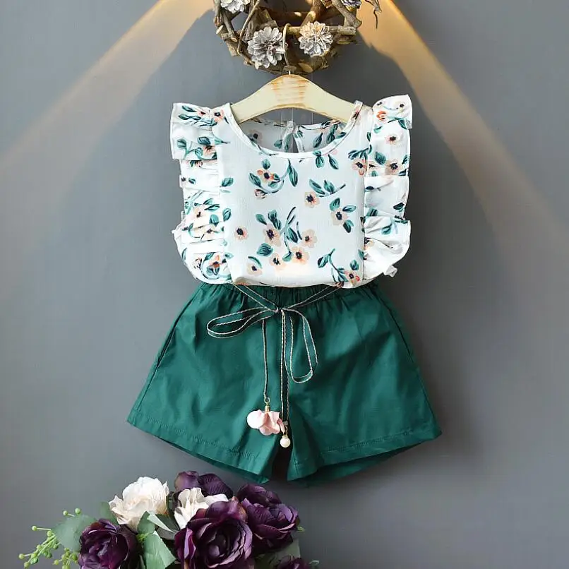 

2019 Girls Clothing Sets Kids Summer Baby Toddler Girl Clothes Set Floral Sleeveless Blouse + Shorts 2 Pcs Suit Children Outfits