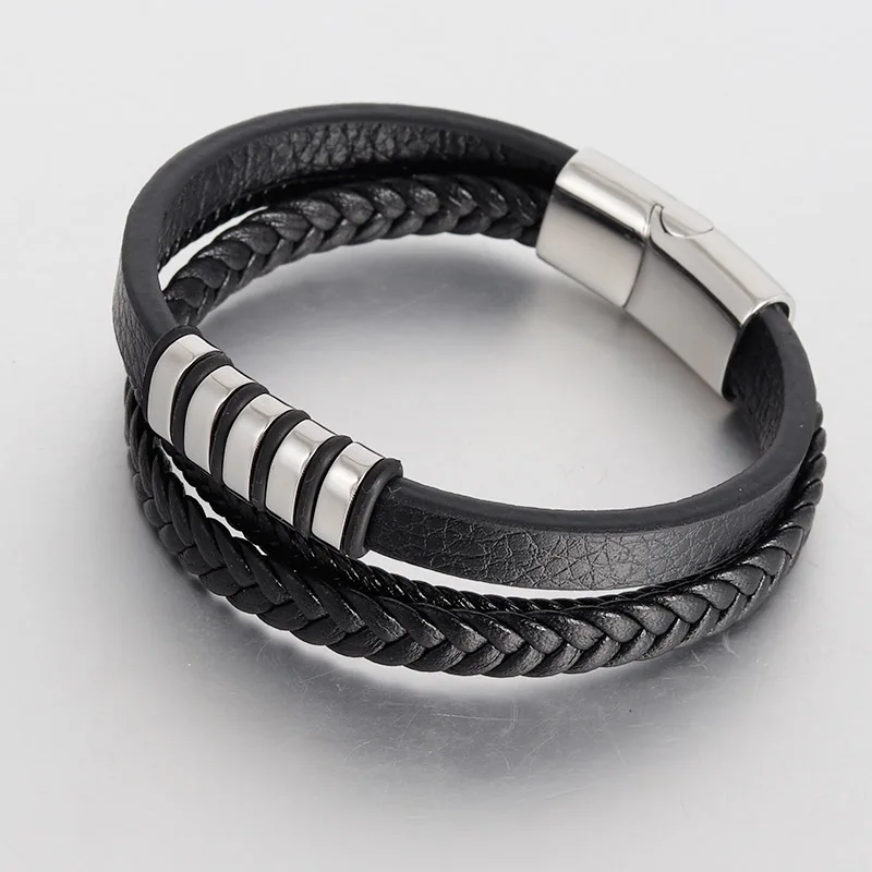 New Vintage Genuine Leather Bracelet Stainless Steel Magnetic Clasp Bangle for Men Jewelry Classic Braid Multilayer Rope