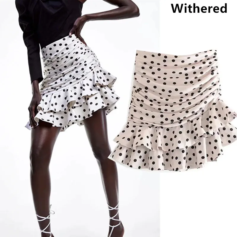 

Withered 2019 skirts women harajuku england style polka dot lining cascading ruffles high waist faldas mujer moda skirts womens