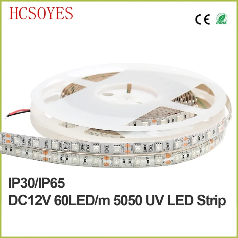 DC12V 5 м 5050 SMD 60 светодиодный s/M Ультрафиолетовый светодиодный полосы, 395nm Фиолетовый УФ 300 светодиодный s светодиодный гибкий линейный светильник белый/черный PCB IP30NP/IP65 WP