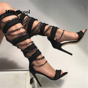 

Denim Black Blue Cowboy Boots For Women Open Toe Metal Chain Jeans High Heel Gladiator Shoes Women Cut-outs Summer Sandals Boot