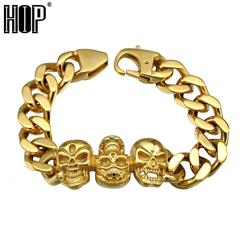Хип-панк нержавеющая сталь Золотой Цвет Череп Скелет тяжелые мужские браслеты панк ручной цепи и звенья браслеты для мужчин ювелирные изделия