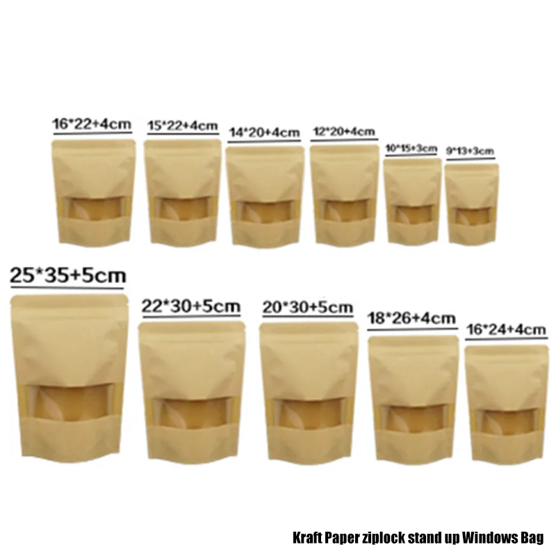 

50/100pcs 13sizes Zip Lock Kraft Paper Window Bag Stand Up Gift Dried Food Fruit Tea Packaging Pouches Zipper Self Sealing Bags