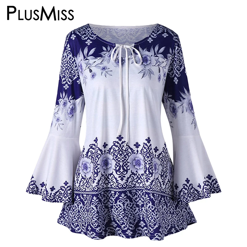 

PlusMiss Plus Size 5XL Vintage Ethnic Boho Beach Blouse Women Clothes Big Size Summer 2018 Bell Flare Sleeve Tops Loose Blusas