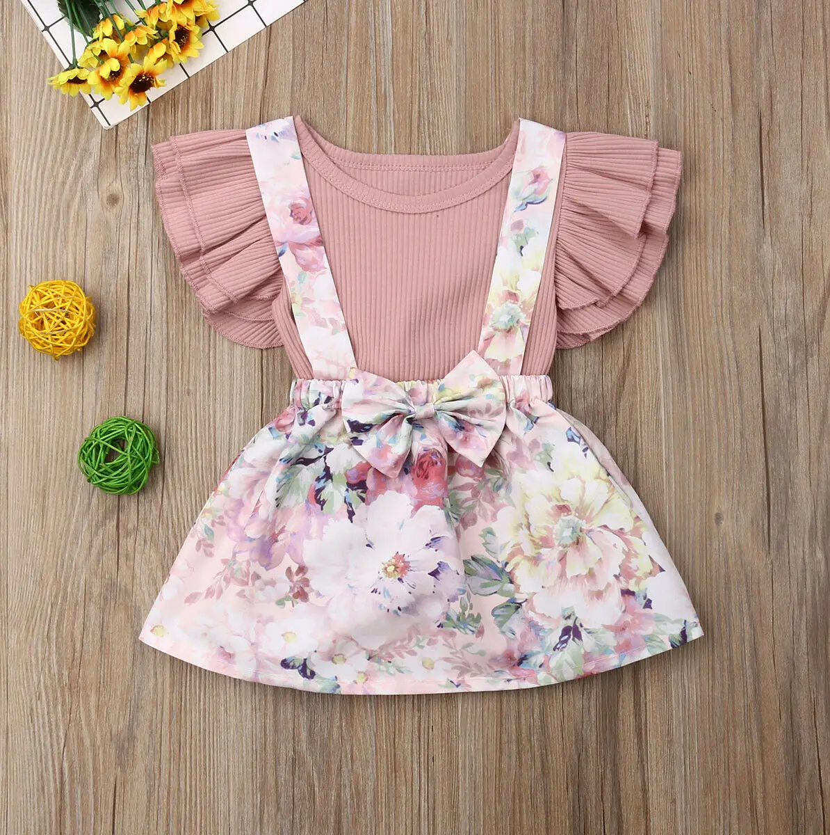 

Toddler Kids Baby Girls Clothes Tops Romper Suspender Bow Skirt Dress 2Pcs Outfits Set 0-3Y