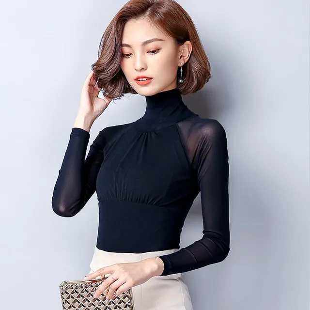 Fashion Casual High Collar Tops Women Sexy Pleated Elastic Blouse For ...
