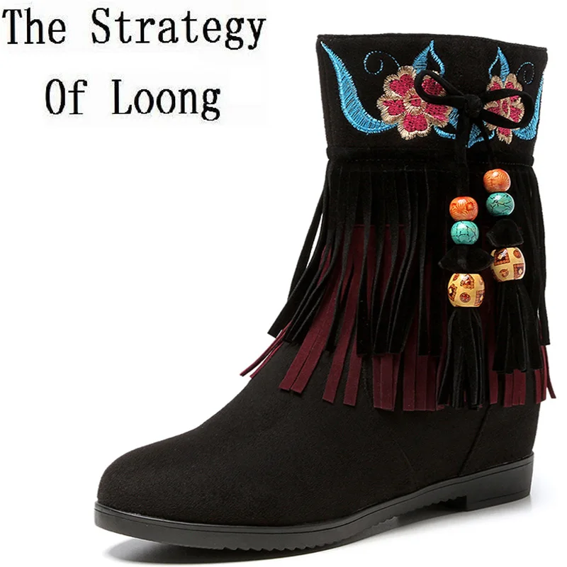 Embroider Genuine Leather Beading Zip Anti Skid Short Plush Winter