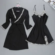 Черный весенний сексуальный халат кимоно пижамы комплекты для сна для женщин 2 шт ремень Топ костюм Повседневная Домашняя одежда пижамы ночное банное платье