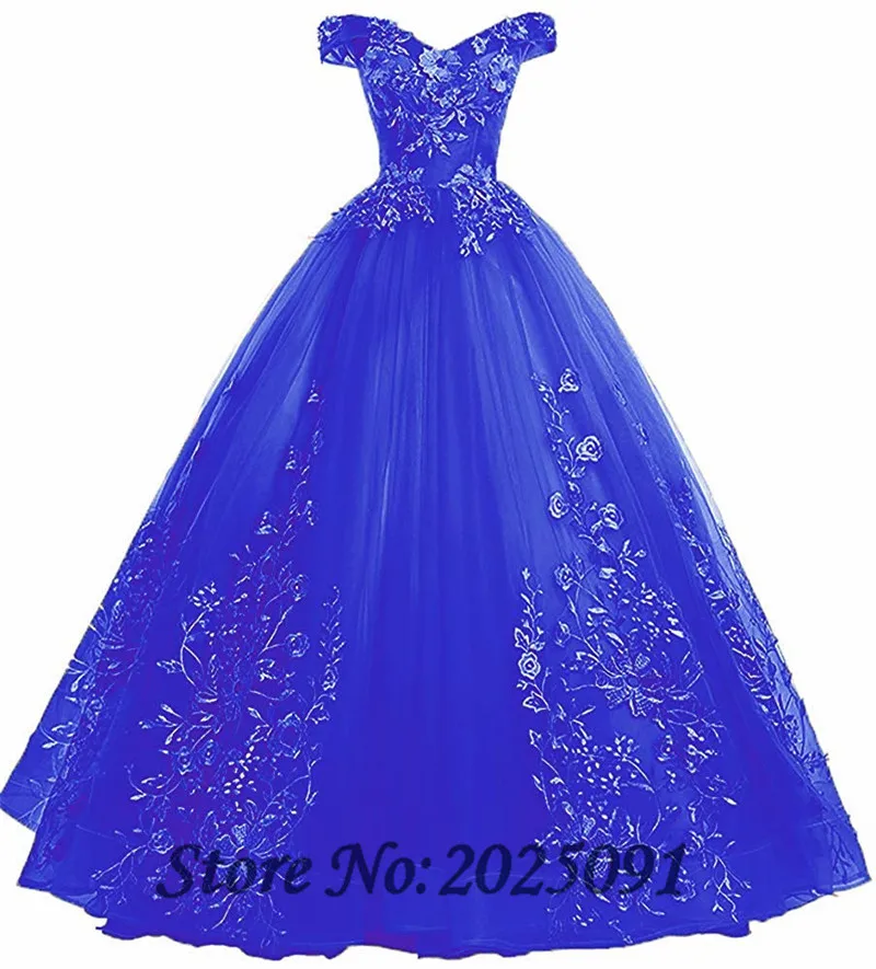 Новинка, платье с открытыми плечами, 16 милых пышных платьев, бальное платье, длинное платье для выпускного вечера, кружевные аппликации G0126 - Цвет: Синий