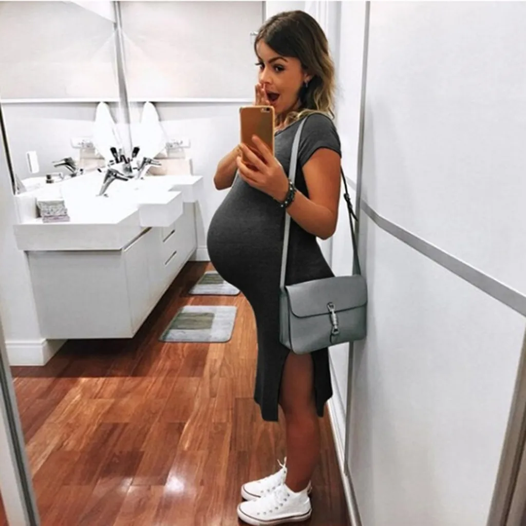 

MUQGEW Maternity Dress Women Summer Short Sleeve Casual Clothes for Pregnan Summer O-neck Solid Sundress Pregnancy Dress 2019