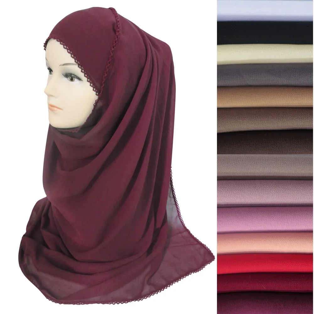 

10pcs/lot Crochet Lace Muslim Women Bubble Chiffon Hijab Scarf Shawl Wrap Head Wear Solid Colors 180cm x 75cm