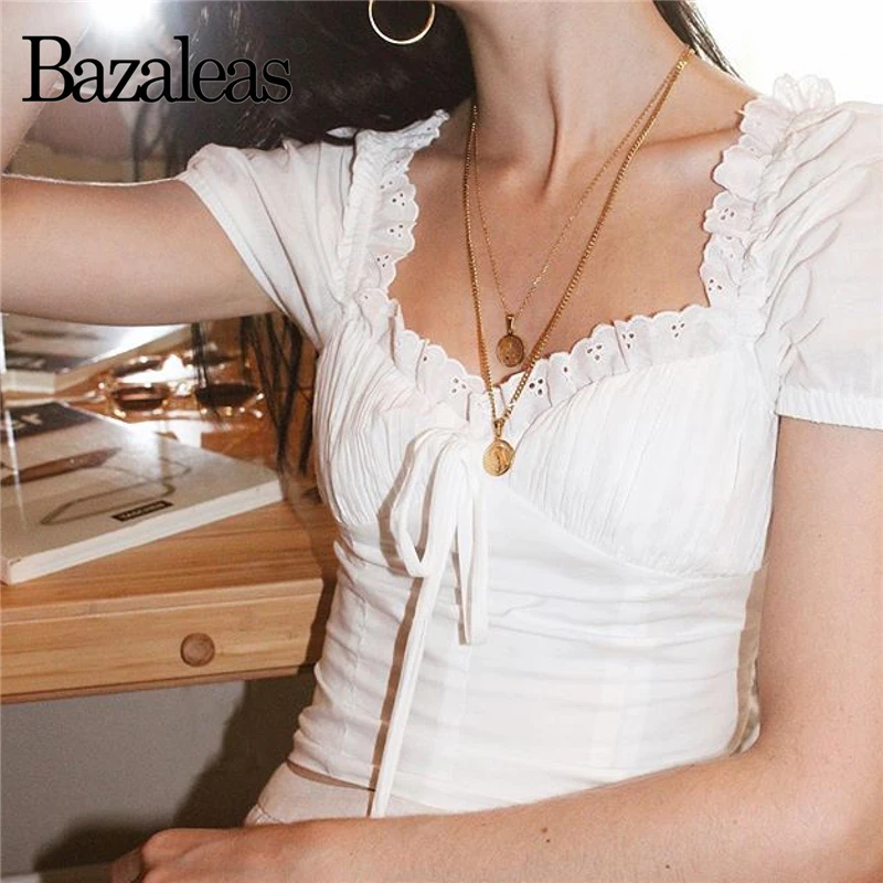 

Bazaleas 2018 lace hollow womens tops and blouses Ruffle square neck blouse Slim Tie blouse Fashion lantern sleeve shirts blusas