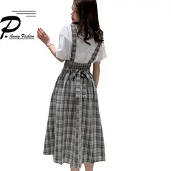 Корейская Новая модная клетчатая юбка с завышенной талией, Юбка До Колена с ремнем, элегантная юбка для девочек, весна-лето, клетчатая юбка