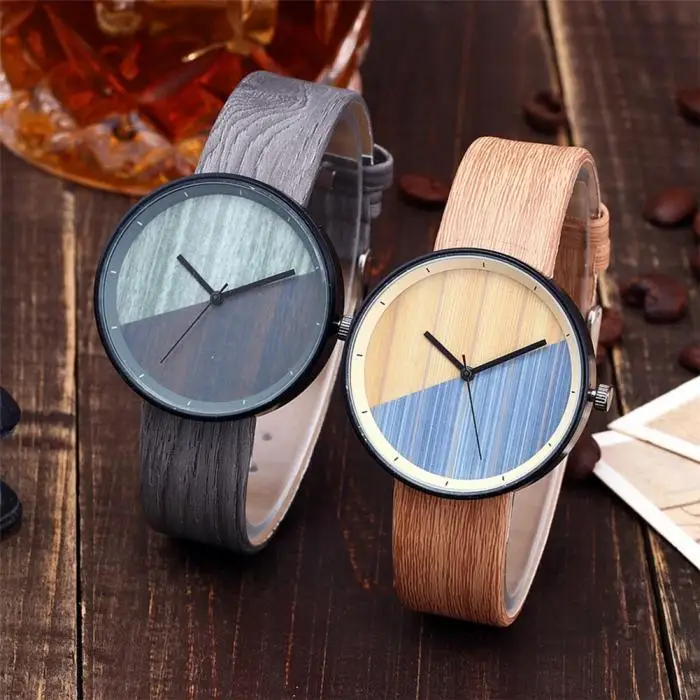 Для женщин Текстура древесины часы имитация деревянный Винтаж кожа кварцевые часы