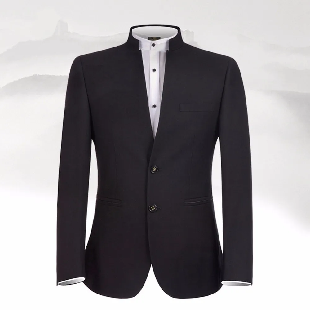 New Design Black Men Suits Stand Collar Classic Suit Business Wear Custom Made Formal Male Suit (jacket+pant)