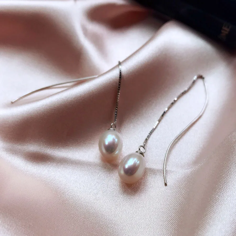 

Fashion Anti-allergy 925 Sterling Silver Long Earrings Women Elegant Party White Natural Freshwater Pearl Drop Earring Jewelry