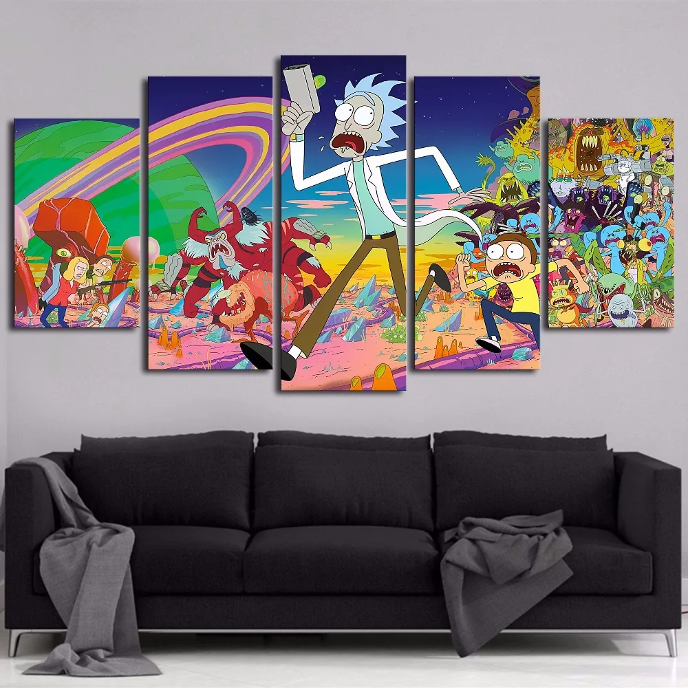 

Modern Printing Type Poster Canvas Painting HD 5 Panel Cartoon Rick And Morty Wall Art Pictures Modular Artwork Home Decor