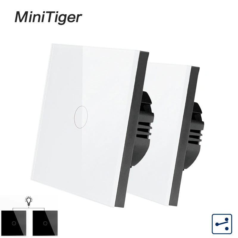 Minitiger 1/2/3 Gang 2 Way EU Standard Control Wall Touch Screen Switch White Crystal Glass Panel cross/through switch 2pcs/pack |