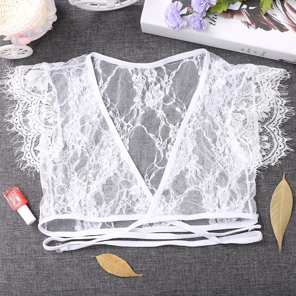 

1 Set Women Camisoles Tanks White Lace Sheer Floral G-string Panties Bandage Tops Lingerie Dress Sleepwear