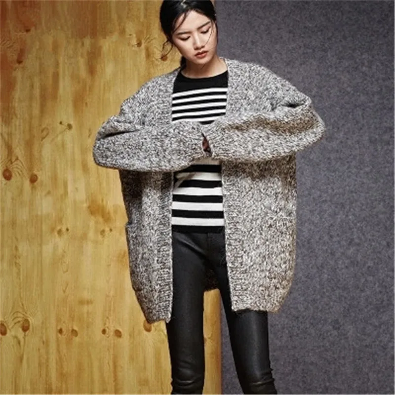 

100% hand made wool knit women fashion solid patchwork Vneck loose thick cardigan sweater lantern sleeve customized