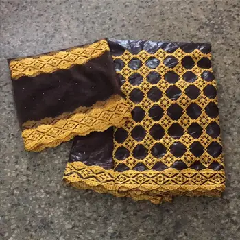 

2019 african tissu 5yards bazin riche Fabric brode with 2Yaeds french tulle lace For scarf for Nigerian wedding Dresses lace