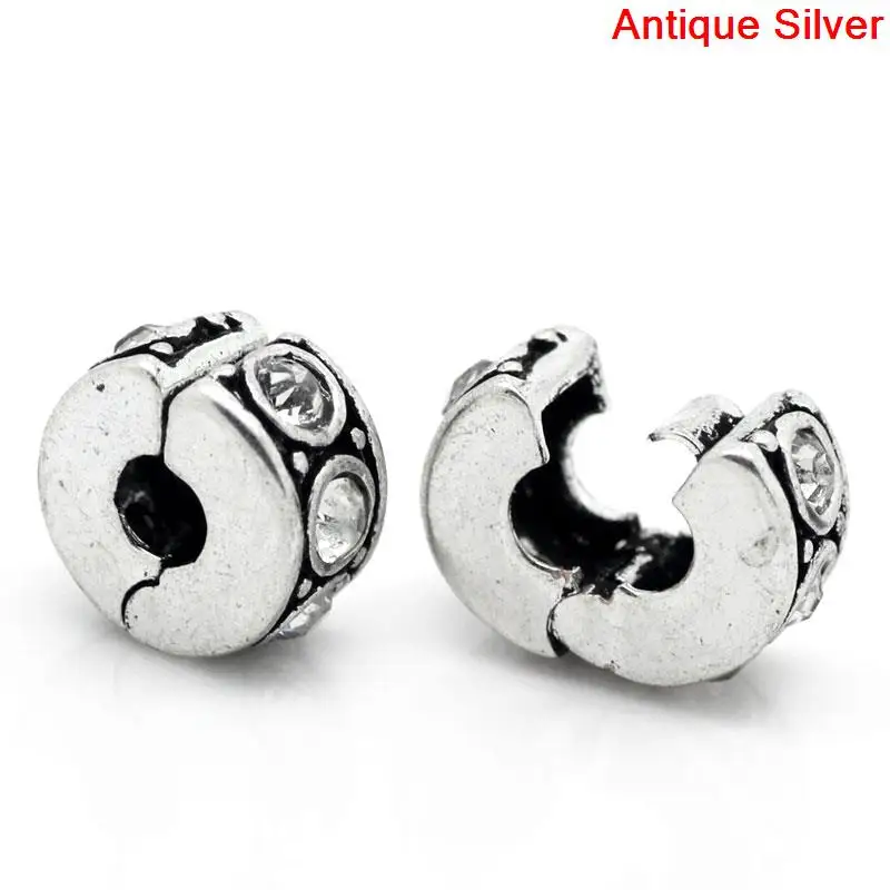 

DoreenBeads European Charm Stopper Clip&Lock Bail Beads antique silver Clear Rhinestone 11x10mm,Hole:Approx 3.2mm,1PCs
