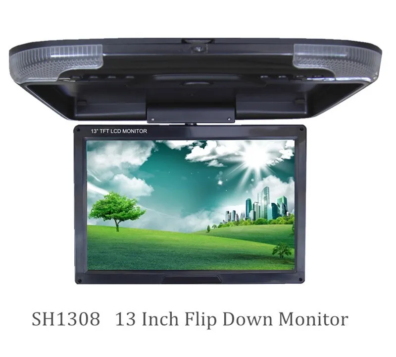 Горячая Распродажа 13 дюймов Автомобильный потолочный монитор черный цвет DC 12V 2-способ видеовходов откидной монитор TFT светодиодный цифровой экран SH1308 - Цвет: Black