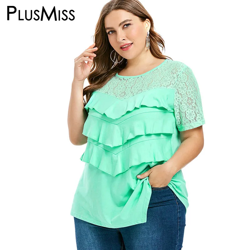 PlusMiss плюс размер 5XL XXXXL XXXL сексуальные цветочные кружевные топы с оборками