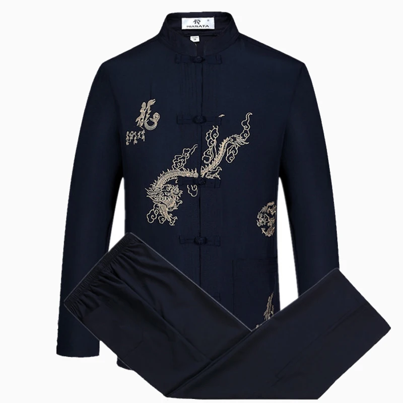 

New Brand Plus size 4XL Suits Men's Long Sleeve Kung Fu Sets Traditional Chinese Embroider Dragon Tang Suit Clothing Sets