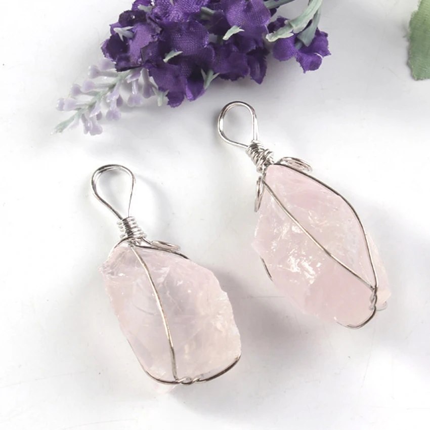 

100-Unique Silver Plated Natural Rose Pink Quartz Wire Wrapped Irregular Shape Pendant Fashion Jewelry