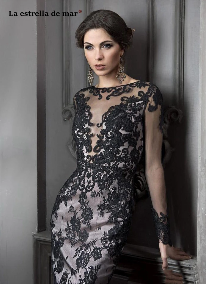 Vestidos de fiesta de noche2019 кружевной вырез лодочкой с длинным рукавом черный сексуальный русалка мать невесты платья После Сплит чай