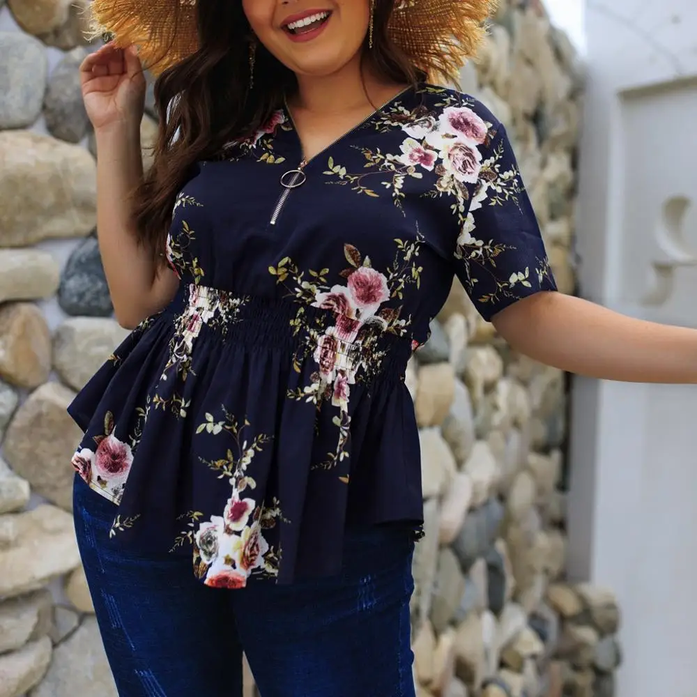 

Fashion Women Summer Plus Size Womens Floral Print V Neck Shirt Ladies Zip Up Summer Tops