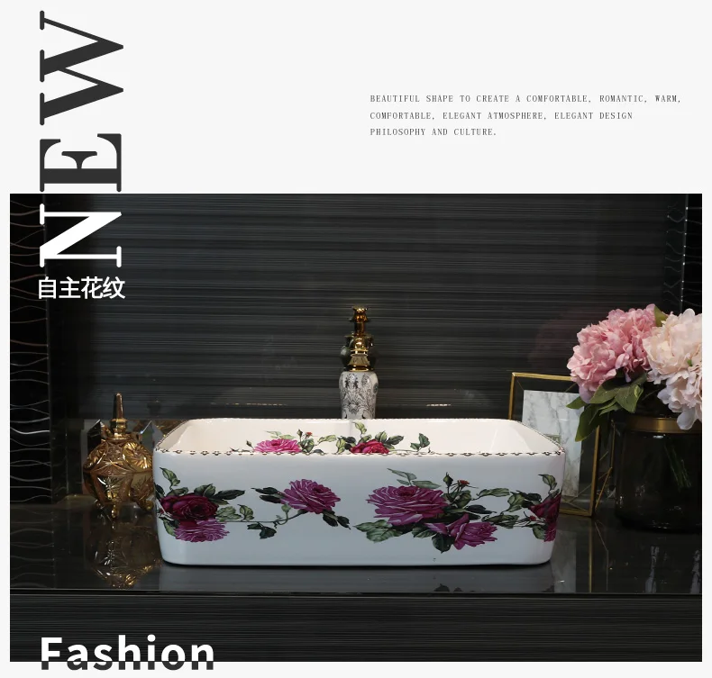 Rectangular rose pattern Handmade Europe Vintage Style Lavobo Ceramic Bathroom Countertop Bathroom Sink hand painted ceramic sink (7)