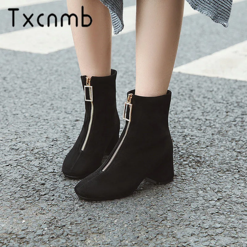 

TXCNMB 2019 Boots Women Ankle Boots for Women Winter Flock Leather High Heel Shoes Woman Round Toe Szie 46 47 48