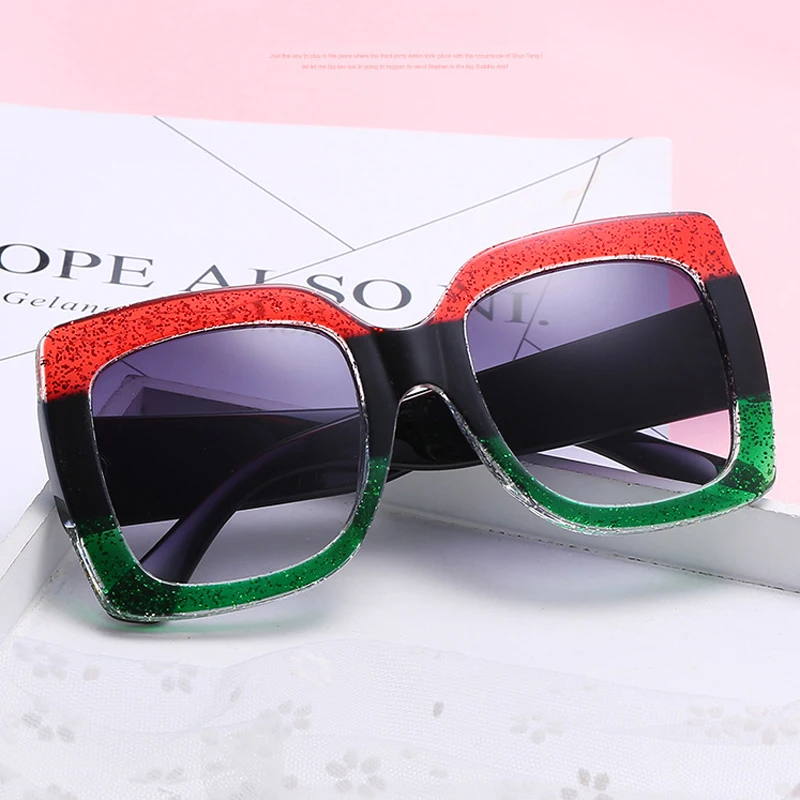 

Colorful Square Sunglasses Shiny Frame Red Green Stitching Women Brand Glasses Designer Female Shades