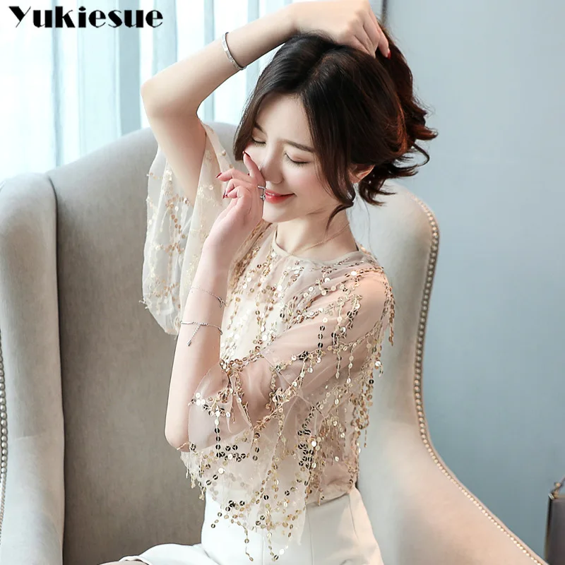 الترتر الشيفون قميص بلوزة فام النساء blusas قمصان 2019 قصيرة الأكمام أنيق فائق camisas موهير إمرأة البلوزات و قمم