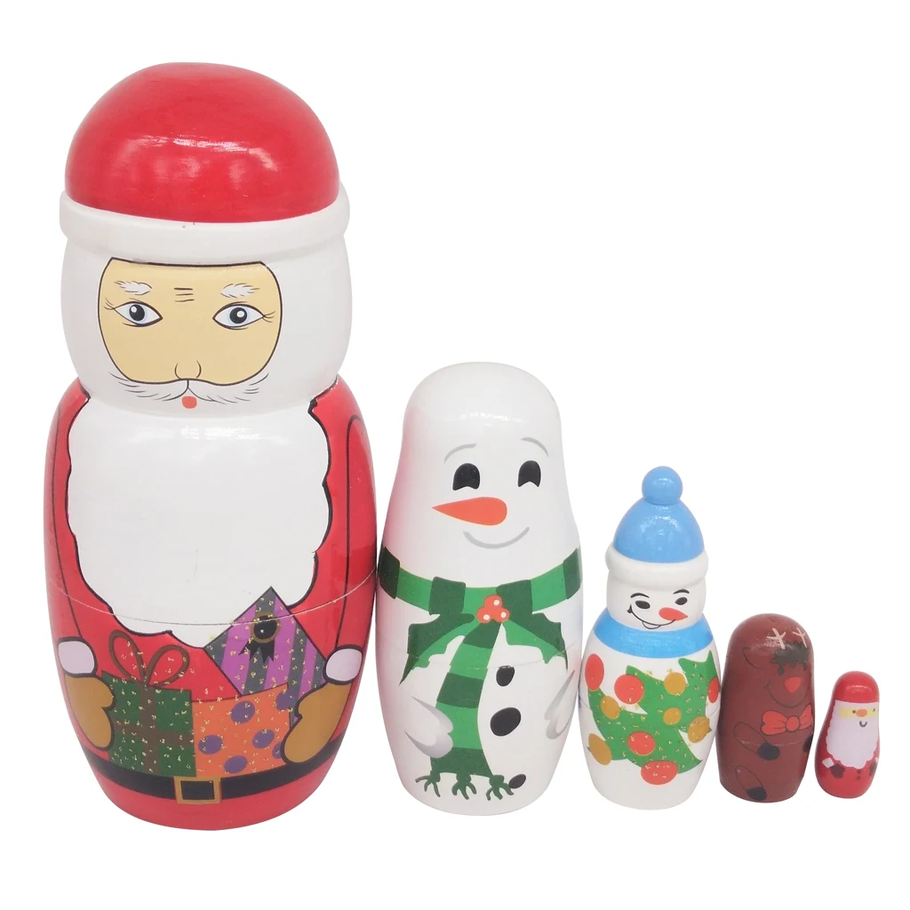 Set of 5 Pieces Snowman Santa Claus Printed Wooden Russian Dolls Babushka Stacking Dolls