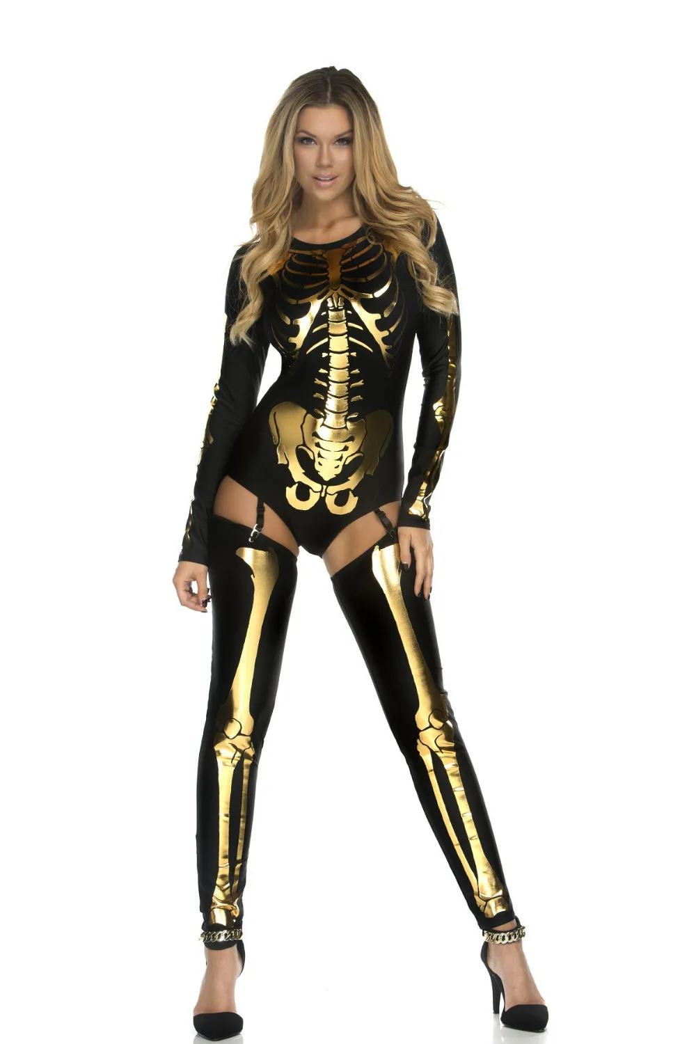 Страшная дьявольская ведьма череп скелет костюм для женщин леди косплей Череп боди костюмы взрослых Хэллоуин карнавал одежда для вечеринок - Цвет: Золотой