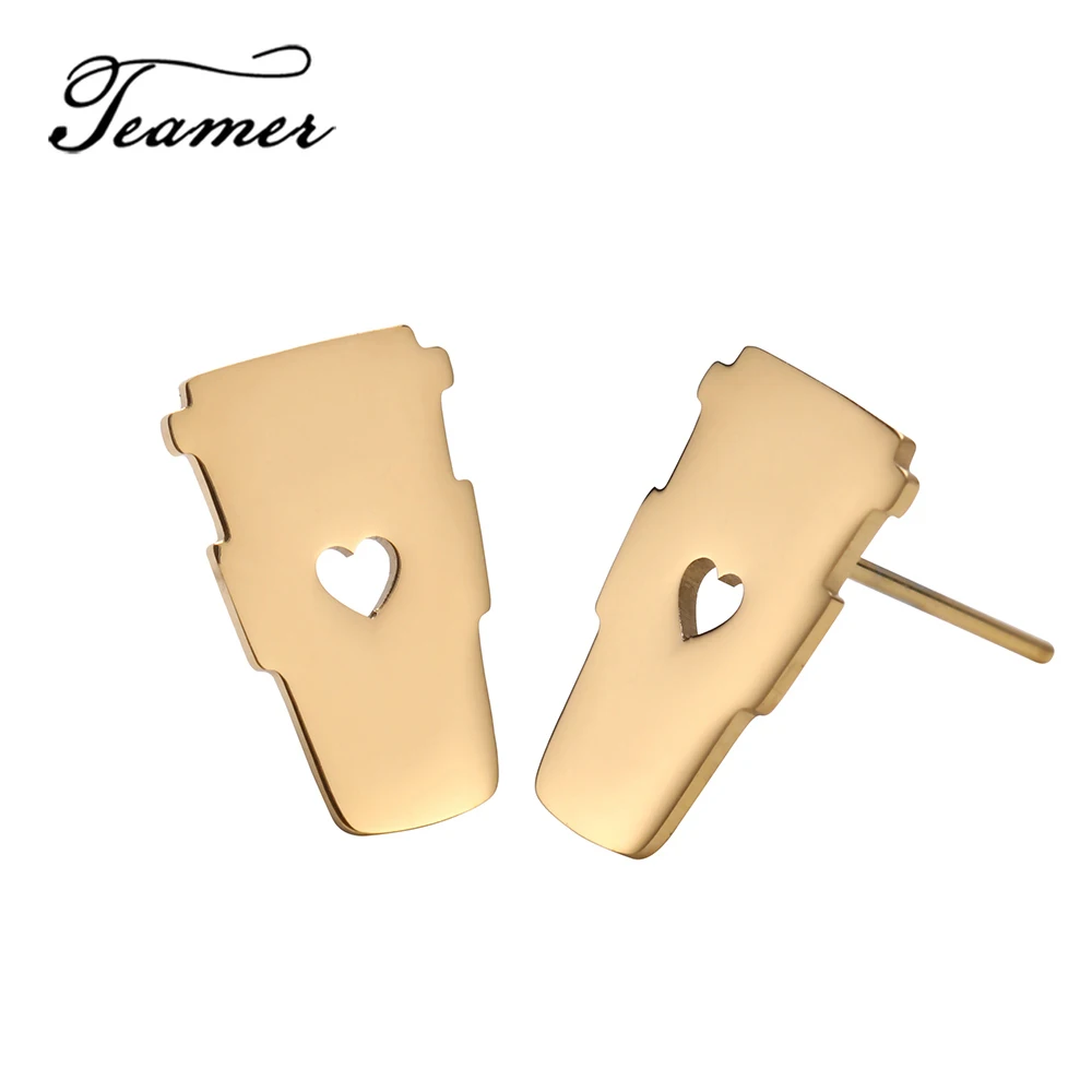 

Teamer Fashion Coffee Cup Stud Earrings Women Fine Stainless Steel Earrings Heart Hollow Fashion Jewelry Mininalist Accessories