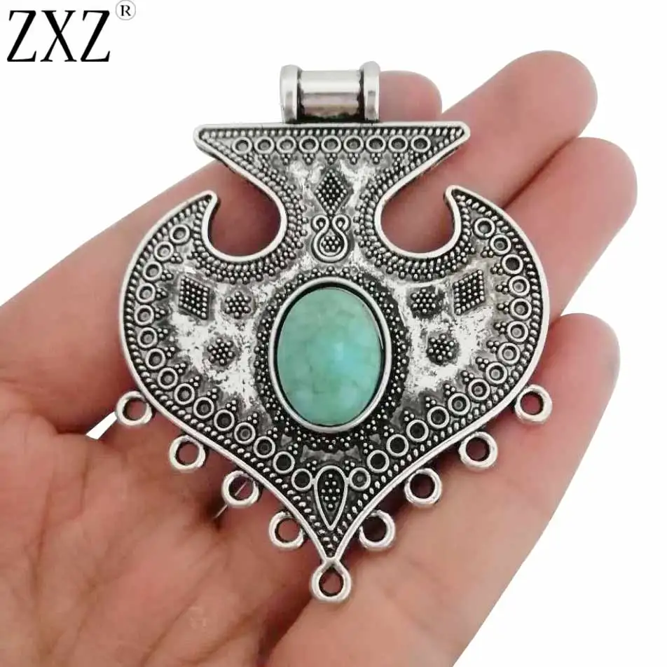 

ZXZ 2pcs Antique Silver Large Boho Chandelier Connector Charms Pendants with Imitation Turquoise Jewelry Making Findings 65x51mm