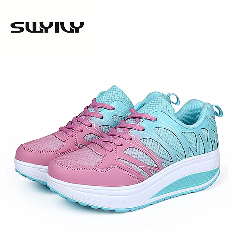 Mesh Breathable Women Toning Shoes Miexed Color Lacing Wedge Loss Weight Slimming Shoes Comfortable Spring Summer Women Sneakers