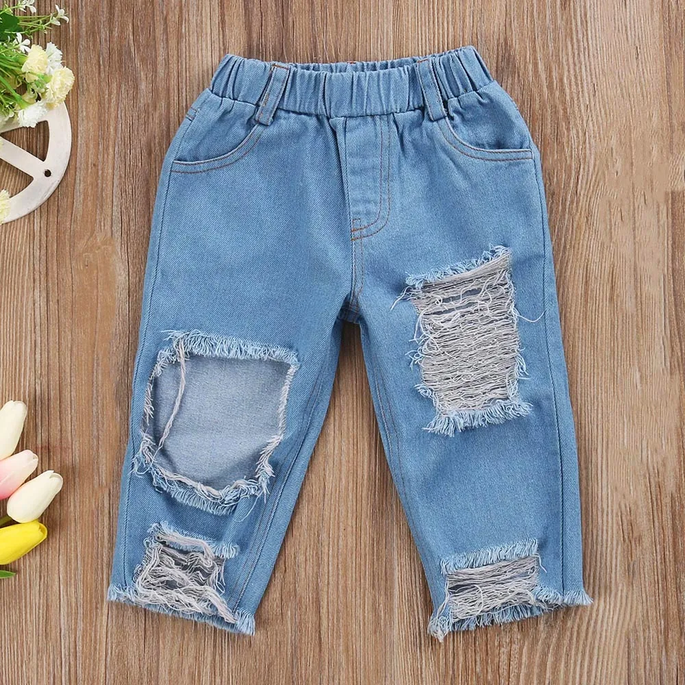 Комплект одежды из 3 предметов в уличном стиле для маленьких девочек; топы с открытыми плечами для маленьких девочек; рваные джинсы; джинсовые штаны; От 1 до 6 лет одежды